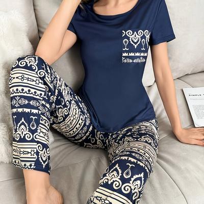 TEMU Print Pajama Set With Contrast Pockets - Women'-piece Lounge Set Featuring Geometric Patterns, Short Sleeve Tee & Long Pants, All Image