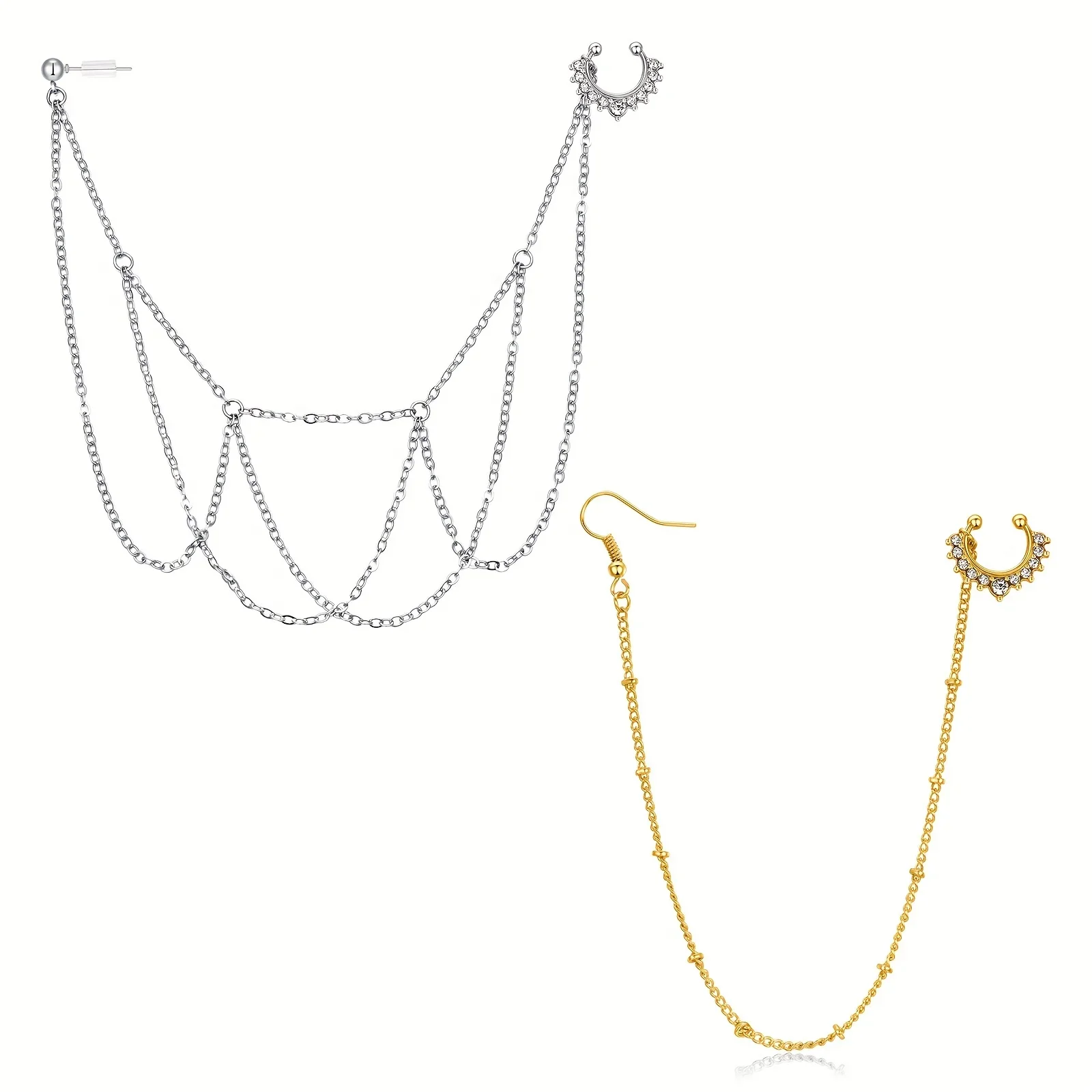 2PCS Kette Dekor Ohrringe Integrierter gefälschter Septum Nasenring, gefälschter Nasenring aus Edelstahl Image