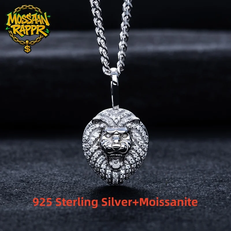 MossanRappr Moissanit Iced Out Löwe Anhänger Hochwertige Bling Hip Hop Halskette 925 Sterling Silber Herren Punk Schmuck Geschenke