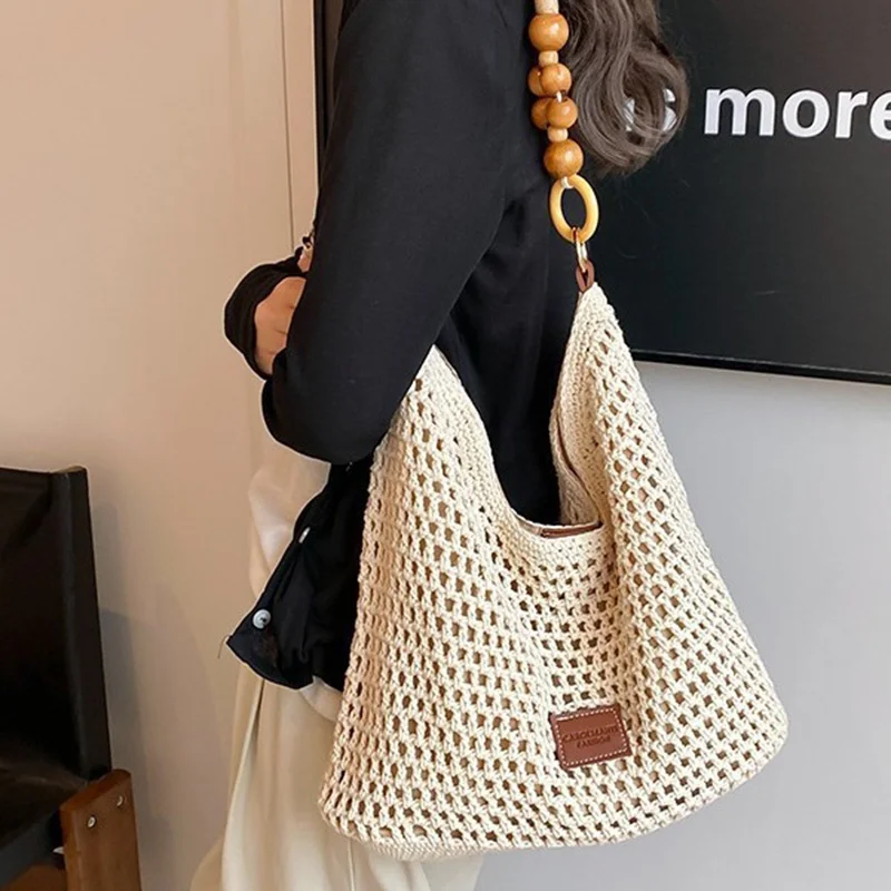 Seaside Holiday Beach Woven Tote Bag Damen 2025, neue lässige hohle Hobo-Handtasche, große Kapazität, Schulter-Achseltasche Image