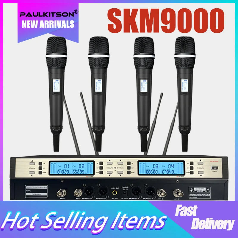Paulkitson SKM9000 Drahtloses Mikrofonsystem UHF 4-Kanal-Handmikrofon Dynamisch für Bühnenauftritte Karaoke-Mikrofon Image