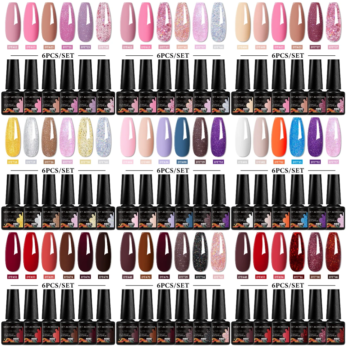6-teiliges Gel-Nagellack-Set, Glitzer- und Pailletten-Gel-Nagellacke, semi-permanent, Soak-Off/LED-Nagellack, ideal für Nail Art Design Gel Image