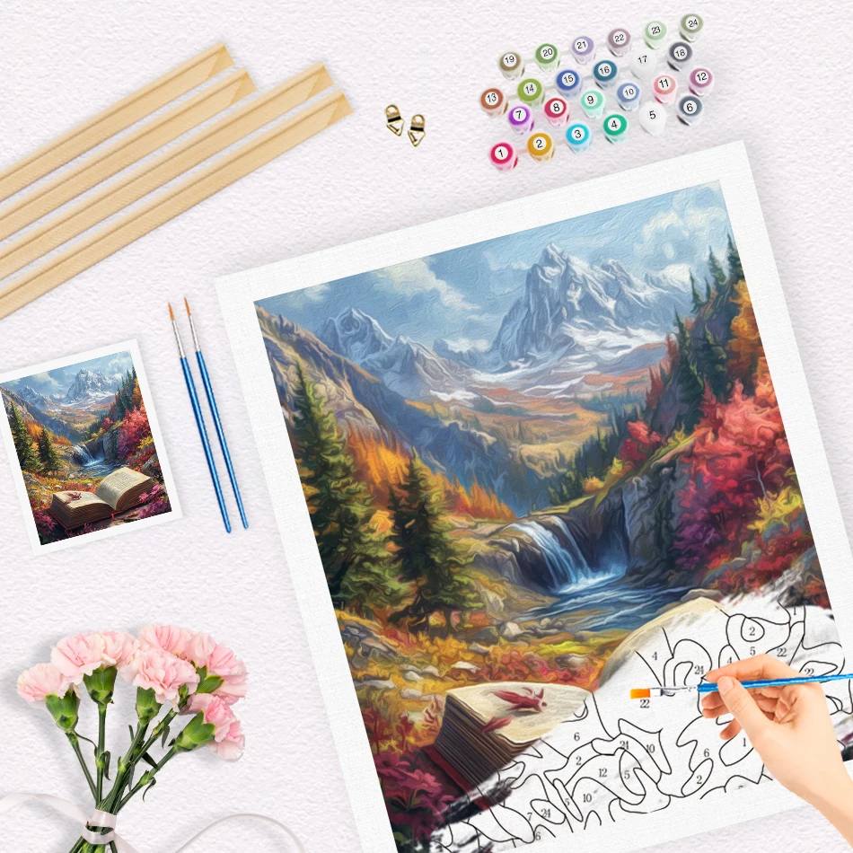 RUOPOTY Einfaches Malen nach Zahlen, Buch, abstrakte Landschaft, Blumenhandwerk, Set, Bilderrahmen, Leinwandkunst, Gemälde, Geschenke, Heimdekoration Image