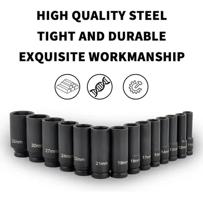 1/2" Drive Deep Impact Socket Set Drive Metric Wrench Black Socket Deep Impact Socket Pneumatic Wrench Head Tire Removal Tools