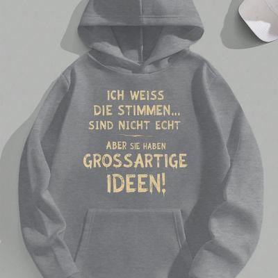 TEMU Plus Size Men's Hooded Sweatshirt With Distressed Black German Text Print - Gray Relaxed Fit Casual Pullover, Machine Washable Jph-9, Sweater Hoodie, Plus Size Image