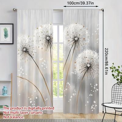 TEMU 2pcs 2d Flat Printing Dandelion Watercolor Theme Curtains With Rod Pocket Durable,and Room Decoration Essential For , Atmosphere In Living Rooms Or Sunrooms Image