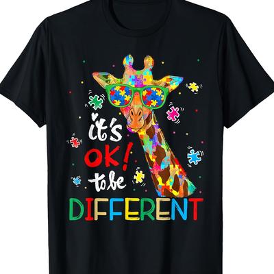 "TEMU Autism Awareness " Ok To " Women's Cotton T-shirt With Colorful Giraffe Design, Short Sleeve Casual Tee For Casual Attire, Machine Washable, Casual Wear Tee | Crew Neck Tshirt | Cotton Fabric" Image