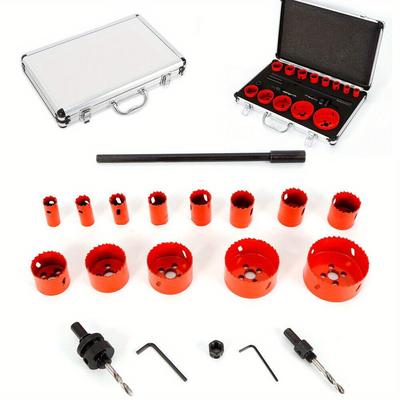 TEMU 17 Hss Set, Hole Drill Diameter 19-76mm Tin Drill, 2 Core Drill, 2 Zen Drill, 2 Hex Keys, Adaptor, Wood Pvc Plastic (red) Image