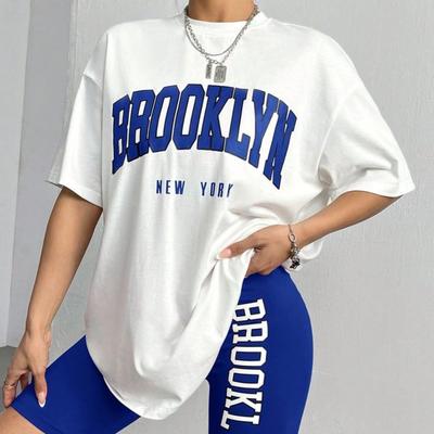 "TEMU Women's Casual "brooklyn New " Letter Print Drop Shoulder T-shirt - Crew Neck, Short Sleeve, Relaxed Fit, Polyester Blend, Summer Essential, Casual Outfit | Relaxed | Textur" Image