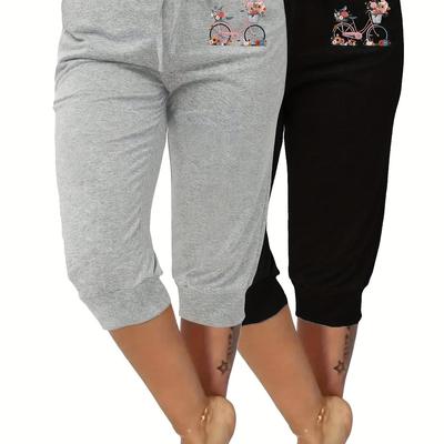 TEMU Women's 2-pack Harem Bermuda Shorts - Loose Fit, Elastic Waist, , Printed Design, Light Gray & Black, Spring/summer/fal Image