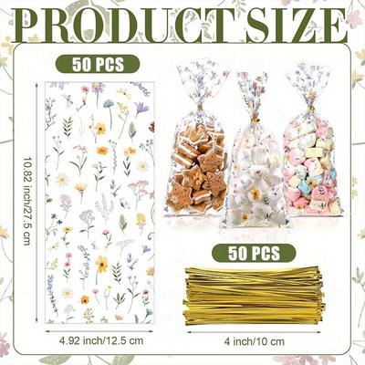 "TEMU 50pcs Party Cellophane Bags Floral Candy Plastic Clear Goody Bags Flat Bottom Gift Supplies For Bridal Birthday Wedding Party Favors, 11"x 5" Image