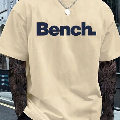 "TEMU Men's Heavyweight Loose-fit T-shirt - "bench" Graphic, Breathable & Comfortable Summer Tee, Beige With Crew Neck, Urban Streetwear, Summer Tshirt | Casual Streetwear | Graphic Te, Sweat-resistant" Image