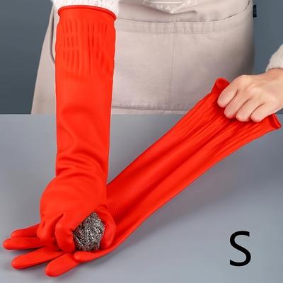 TEMU 1 Pair Extended Red Household Cleaning Gloves With Latex Rubber, For Kitchen, Dishwashing And Laundry Image