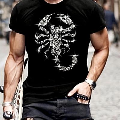 TEMU Mens Rhinestone T-shirt, 100% Cotton Crew Neck Short Sleeve Tee, Casual Knit Fabric Top With Printed Pattern, Regular Fit For Weekend Wear Image