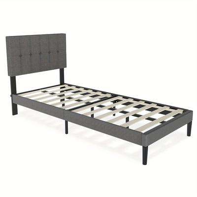 TEMU Upholstered Bed, Dark Grey/light Grey, 90 X 200 Cm/140 X 200 Cm/160 X 200 Cm, Bed Frame With Buttons, Platform Bed Frame With Upholstered Linen Headboard, Wooden Slat Support Image