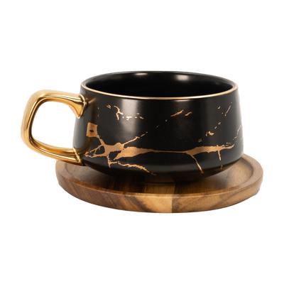 TEMU Intirilife Cup Ceramic Marble Design 200 Ml Coffee Cup Tea Cup With Wooden Coaster Mug For Coffee, Tea, Milk, Image