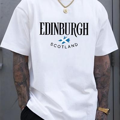TEMU Men's Casual Scotland T-shirt - Cool, Comfortable Summer Short Sleeve With Letter Print, White Polyester Tee For Casual Attire, Summer Casual Wear | Scottish | Smooth Texture Tee Image