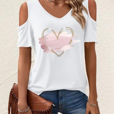 TEMU Women's Casual Short Sleeve V-neck T-shirt With Heart Graphic Print & Off-shoulder Design - Light Grey With Pink & Golden Accents, Machine Washable Top, Ladies T Shirts, Soft Texture Shirt Image
