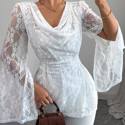 TEMU Women's Elegant Lace Semi-sheer Blouse With Chest & Waist Tuck - Lightweight Machine-washable Top For Spring Summer Fall, Versatile Casual & Formal Wear Image