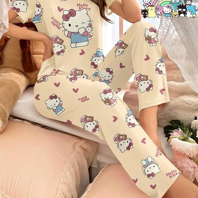 TEMU Hello Kitty Apricot Print Pajama Set, Short-sleeved Crew Neck Top And Trousers With Belt, Women's Casual Loungewear Image