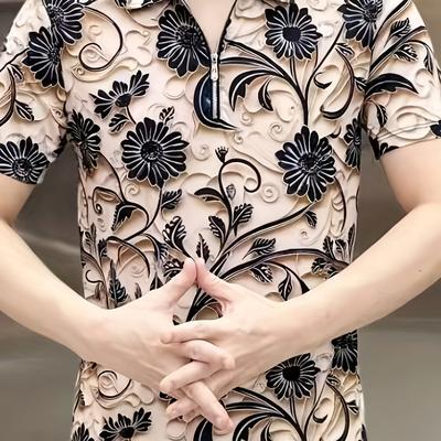 TEMU Men's Casual Short Sleeve Shirt, Solid Color Floral Print, Stand Collar, Stretch Fabric, Asymmetrical Detail, Regular Fit, Summer Wear, T Shir Image