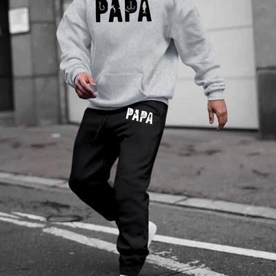 TEMU Papa Sweatsuit Set For Men - 100% Polyester Long Sleeve Hooded Sweatshirt And Joggers With Stretch - Fall/winter Knit Fabric Sportswear Image