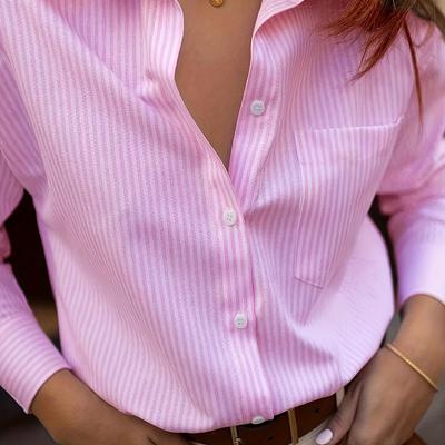 TEMU Women's Casual Pink And White Striped Button-up Shirt With Collar - Long Sleeve, Lightweight Polyester, Machine Washable, Casual Attire, Versatile Fashion | Classic Collar Design | Smooth Texture Image