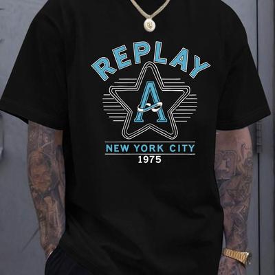 "TEMU Men's Retro Nyc 1975 Graphic T-shirt - "" Letter Print, Lightweight Polyester, Crew Neck, Short Sleeve, Casual Summer Tee, Perfect Gift For Casual Attire" Image