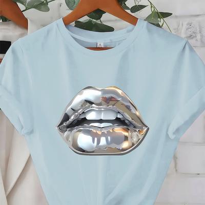 TEMU Women's Fashionable Soft Yellow T-shirt With Elegant Silver Lips Print - , Round Neck, Versatile Casual Top, Casual Wear | Print Top | , Lips Shirt Image