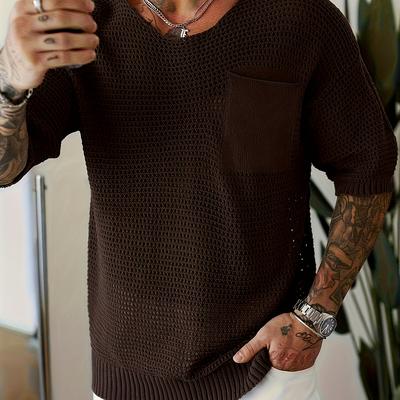 TEMU Men's Summer Knit Pullover - Brown, Round Neck, Short Sleeve, Loose Fit, Casual Streetwear With Pockets, Relaxed Style, Casual Attire | Relaxed | Knit Texture Image