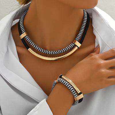 TEMU 2pcs Set Spring, Summer, Autumn, Winter Black And White Thick Metal Tube Exaggerated Hip-hop Style Necklace Bracelet Set For And Festive Gift Matching Image