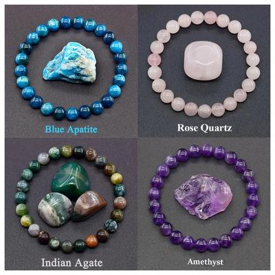 TEMU 4pcs Natural Stone Bracelet Set - Elegant Bohemian Apatite, Amethyst, Rose Quartz, And Agate Bracelet Collection. Image