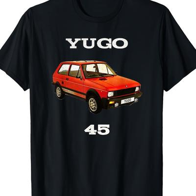TEMU Men's Yugo 45 Enthusiast T-shirt - 100% Cotton Casual Tee With Retro Car Graphic, Black Short Sleeve, Round Neck, Lightweight & Breathable For Casual Attire, Retro T Shirt Image