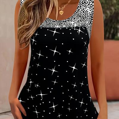 TEMU Women's Elegant Summer Sleeveless Tank Top - Black & White Polka Dot Print, Round Neck, Medium Stretch, Machine Washable Blouse For Women, Versatile Fashion, Mediumstretch Fabric Image