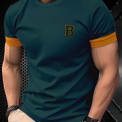"TEMU Men' Dark Green & Yellow Sleeve Graphic Tee - Breathable, Moisture-wicking Polyester Crew Neck T-shirt With "b" Design, Casual Or Formal Wear, Tee Shirts" Image