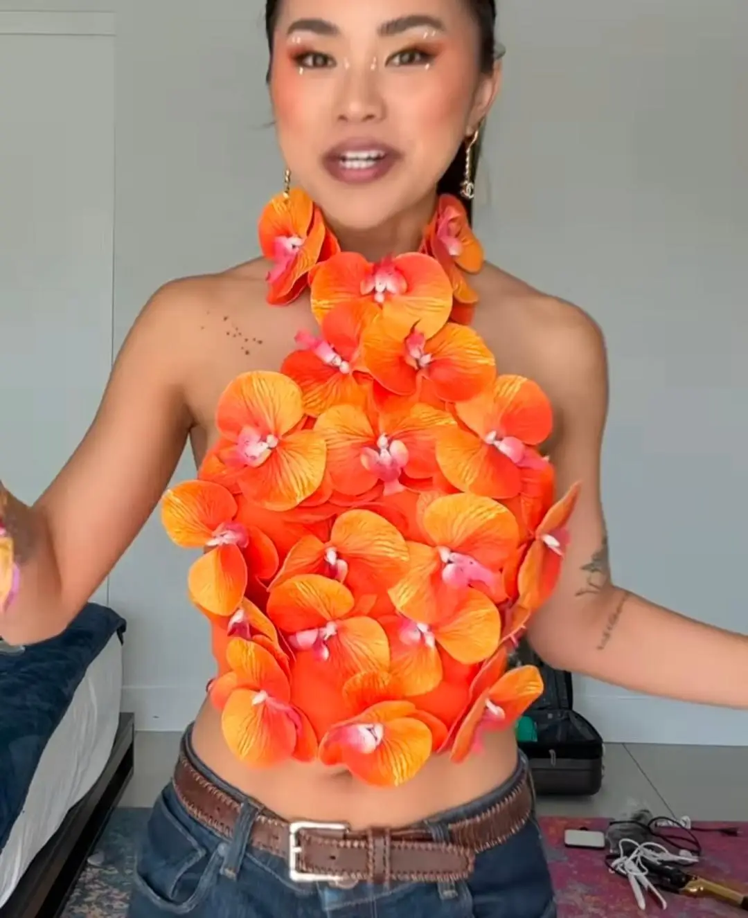 Orange Color Women Sexy Florals Backless Bodycon Tops Celebrate Nightclub Party Bar Dancer DJ Performance Costume