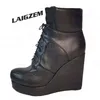 BERZIMER Frauen Stiefeletten Plattform Keile Schnüren 12,5 CM Runde Kappe Stiefel Handgemachte Damen Schuhe Frau Große Größe 41 43 44 47