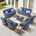 Yeahumalia 10 Pieces All Weather Wicker Patio Furniture Set with 2 Rattan Sofa 4 Swivel Rocking Chairs 2 Ottomans and 2 Side Table Outdoor Conversation Set for Deck Yard Sunroom Brown/Blue
