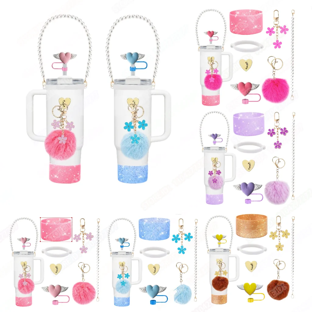  7-teiliges Zubehör für Stanley Cup 30/40 oz Tumbler Wasserflaschengriff Flying Heart Strap Straw Toppers Charms Silikon Cup Boot Image
