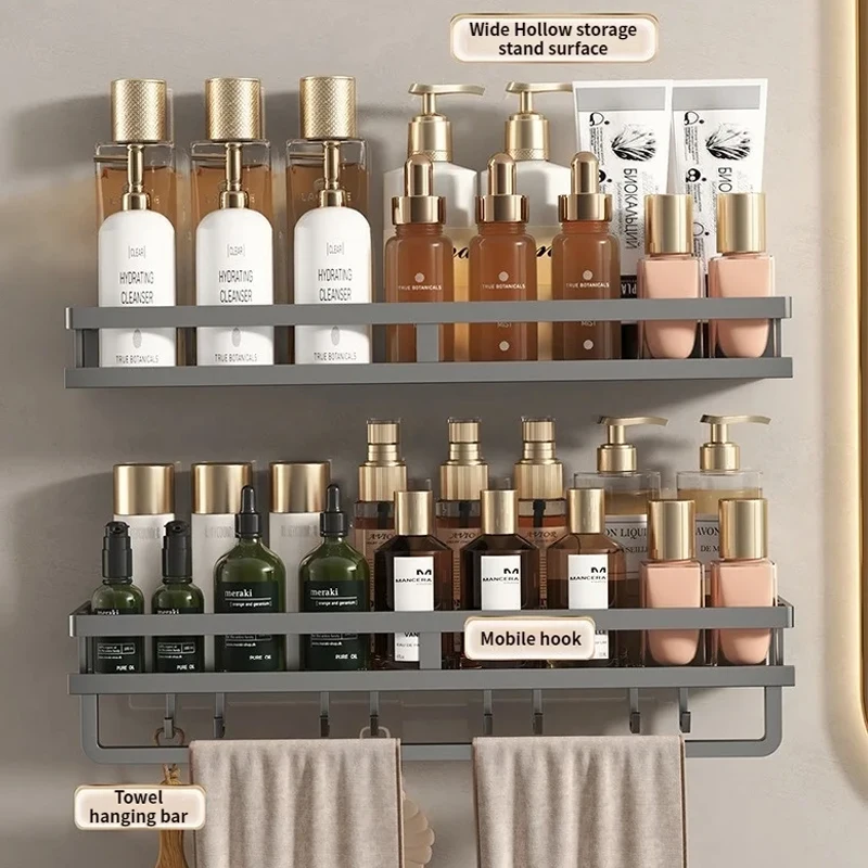 Badezimmer-Aufbewahrung ohne Bohren, Badezimmer-Shampoo-Rack, Toilettenregal, an der Wand montiertes Bad-Aufbewahrungsregal, Küchen-Aufbewahrungsregal