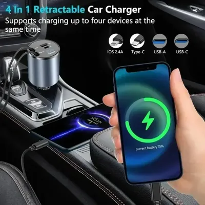 120 W 4-in-1-Autoladegerät mit zwei einziehbaren Kabeln, Dual-USB-Anschlüsse, Autoladegerät für iPhone 16 15 14 13 12 Pro Max für Samsung