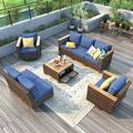 K&K 8-Piece Wicker Outdoor Patio Furniture Set with Thick Cushion Rattan Patio Swivel Rocking Chairs Set of 2 with Acacia Storage Table Wicker Conversation Set for Outdoor Couch Backyard Blue