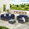 8 Piece Outdoor Patio Sofa Set Sectional L- Shaped Patio Furniture Wicker Patio Conversation Set with Curved Sofa Ottoman and Glass Top Table Sofa Set for Backyard and Poolside Dark Blue