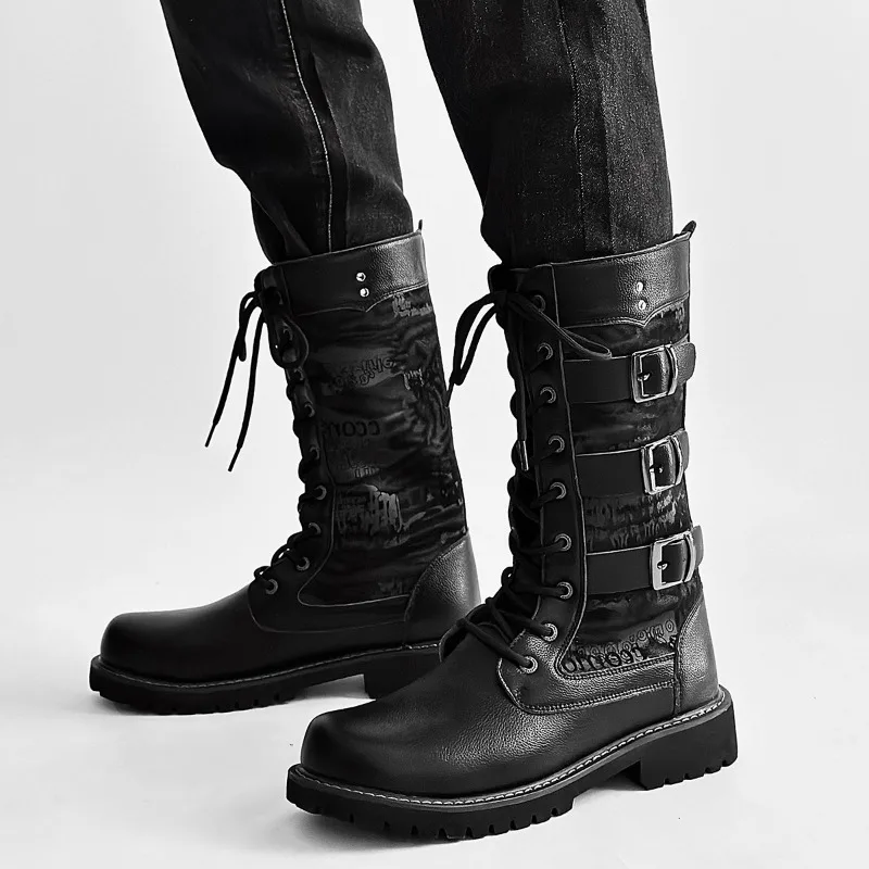 Stivali alti da uomo Stivali punk rock da strada alla moda Stivali da moto per uomo Stivali con plateau stringati Botas in pelle casual a metà polpaccio