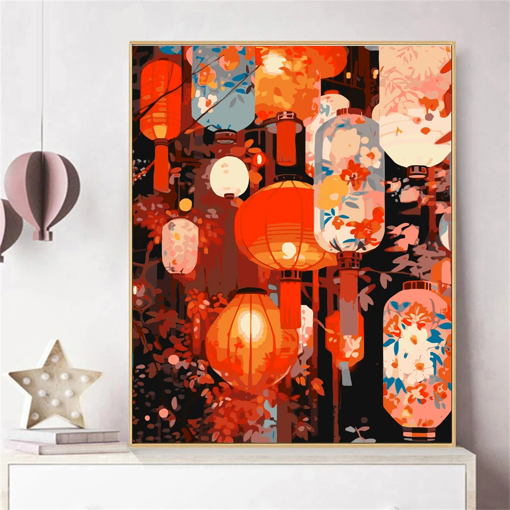 Kit de peinture à l'huile acrylique par numéros pour adultes, toile de bricolage, bricolage de lanternes, livraison directe, décoration d'intérieur