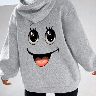 TEMU Women's Casual Zip-up Hoodie With Eye & Mouth Graphic Print, Gray Relaxed Fit Kangaroo Pocket Sweatshirt, Machine Washable , Clothing, Sweater Hoodie Image