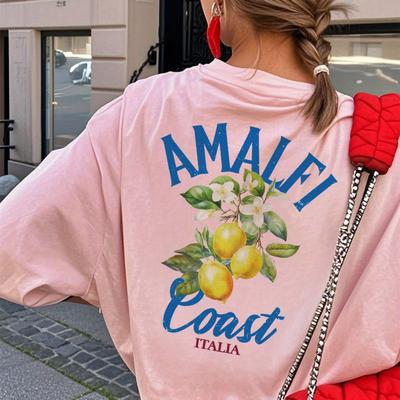 TEMU 1pc Women's Short Sleeve T-shirt, Amalfi Italy Graphic Print, Casual Loose Neck Tee, Pink With Lemon & , Style, Beach Streetwear | Scenic Graphic Tee | Relaxed Fit Shirt, Ladies T Shirts Image