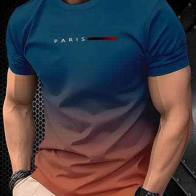 TEMU Men's Summer Gradient Print T-shirt - 3d Casual Streetwear Top With Ombre Blue To Peach Design, Breathable Round Neck Regular Fit Tee For Casual Attire, Machine Washable Shirt Image