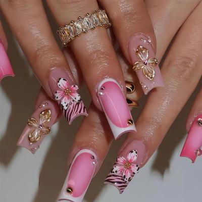 TEMU 24pcs Mixed Pink Sunflower Nail Stickers With Glossy , Square Shape, Middle Length, Flower Pattern, Gummy Glue Included - Unique And Fashionable For Women Image