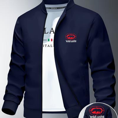 TEMU Men's Trendy Autumn/winter Jacket With Eagle Print, Slim Fit Zip-up Casual Outerwear With Stand Collar & Pockets, Versatile Solid For Casual Attire, Zipper Closure, Jacket For Men Image